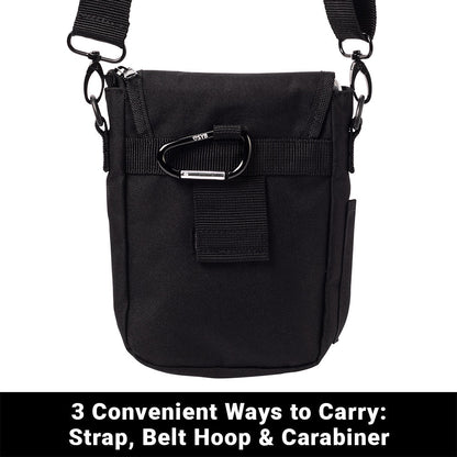 Black phone pouch front view with strap hardware and flap pocket