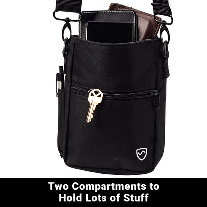 Black phone pouch with front zipper pocket and key clip detail