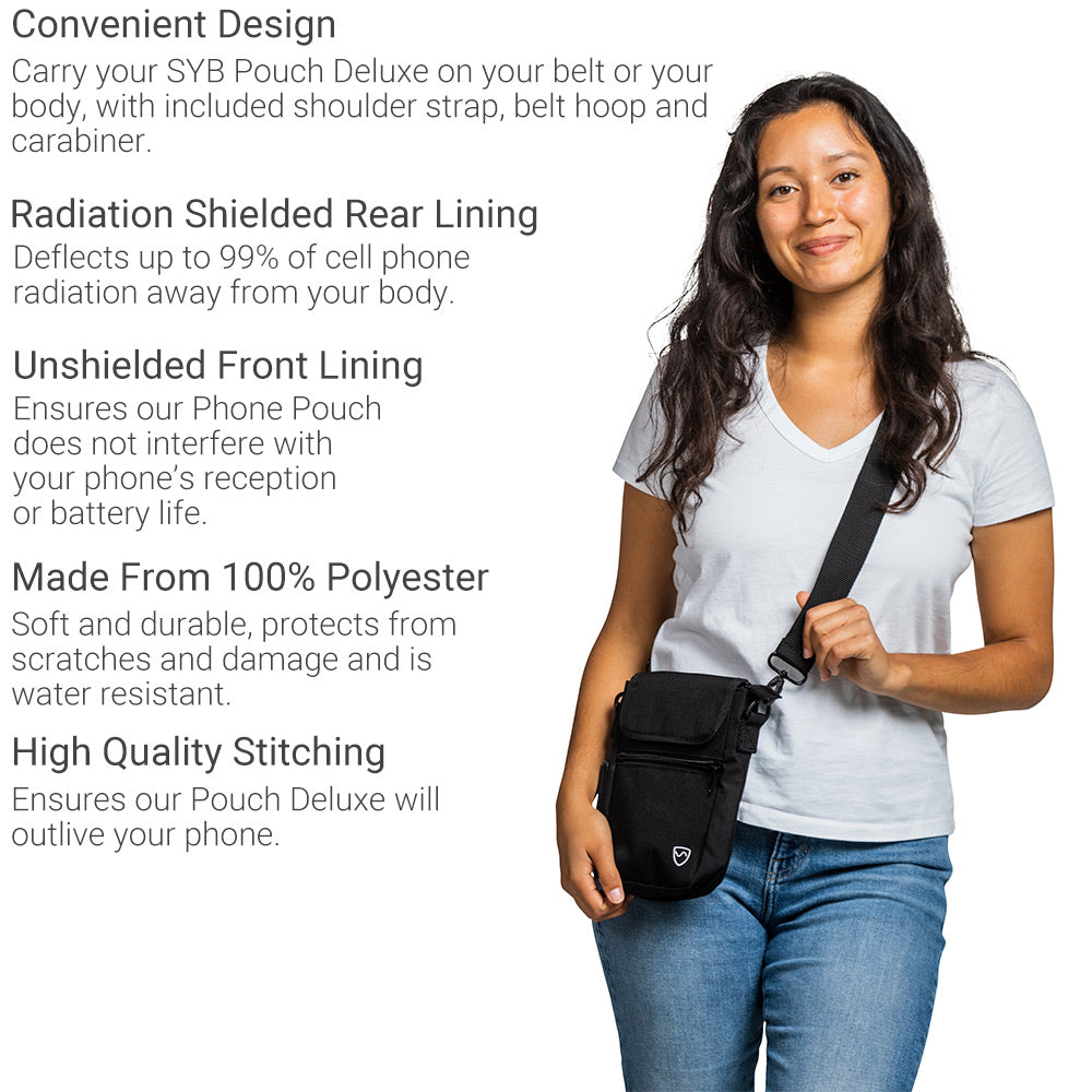 Black phone pouch worn crossbody with magnetic flap and shield logo