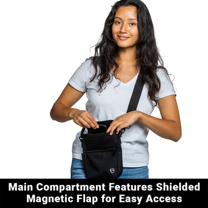 Black phone pouch crossbody with flap and front zipper pocket