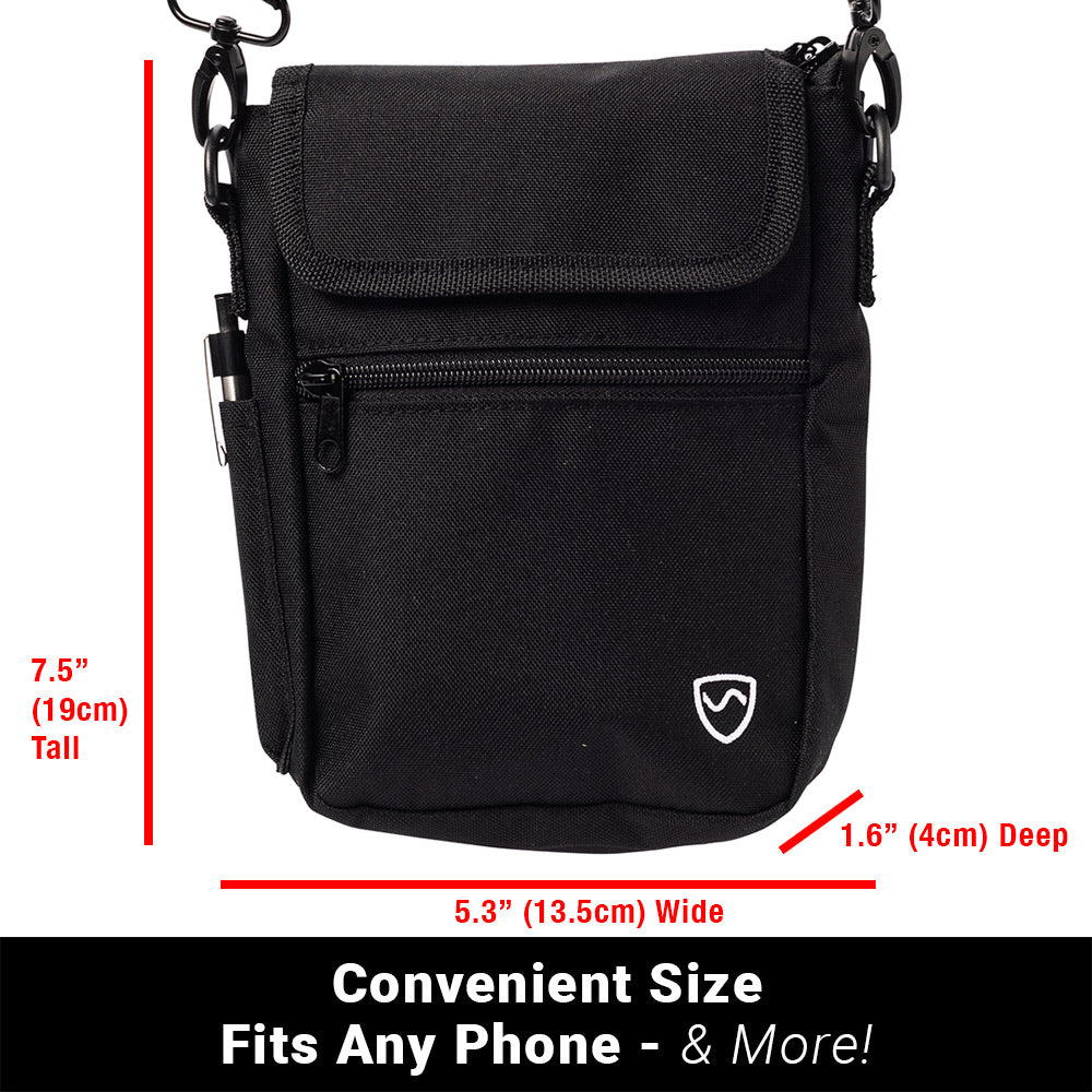 Black phone pouch with flap, front zipper, and labeled size dimensions