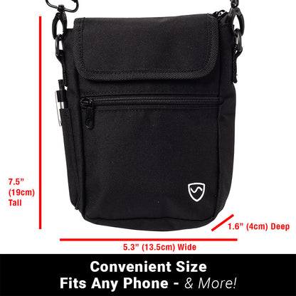 Black phone pouch with flap, front zipper, and labeled size dimensions
