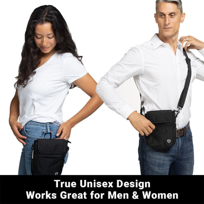 Black crossbody phone pouch worn on a strap with flap and front zip pocket