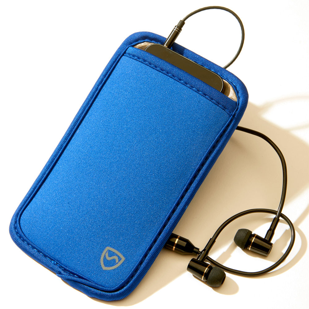 Blue phone pouch with zip closure, shown with wired earbuds