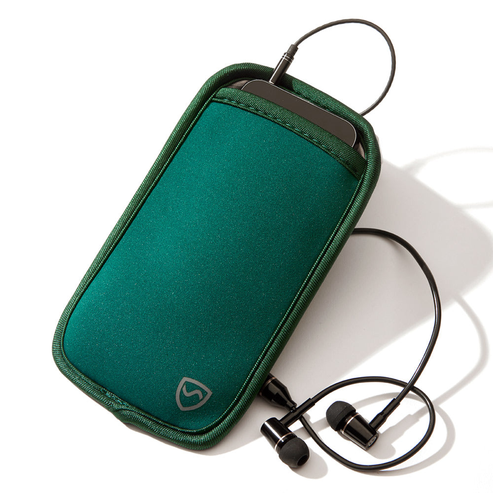 Green phone pouch with front logo and black wired earphones looped, phone visible.