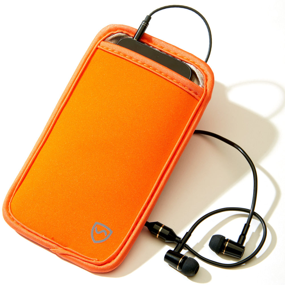 Orange phone pouch with front logo and black earphones looped beside it, phone visible.