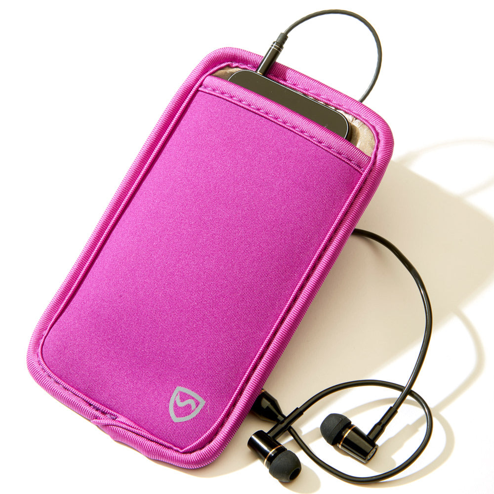 Pink phone pouch with zip closure, shown with wired earbuds