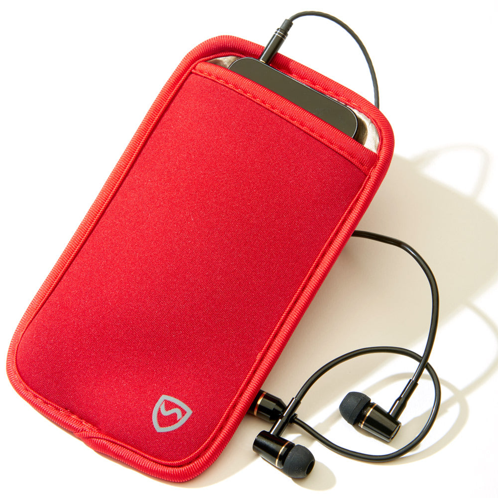 Red phone pouch with front logo and black wired earphones, phone visible at top.