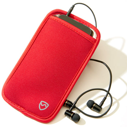 Red phone pouch with front logo and black wired earphones, phone visible at top.