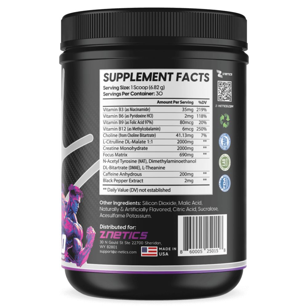 Pre-workout supplement tub Supplement Facts panel, black with nutrition table and barcode