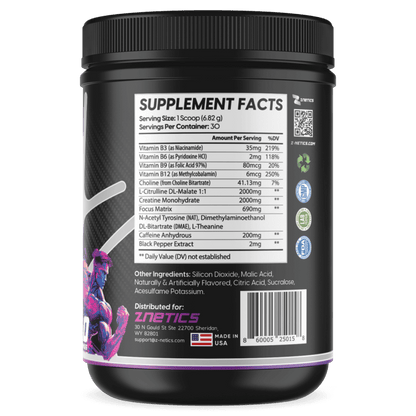 Pre-workout supplement tub Supplement Facts panel, black with nutrition table and barcode