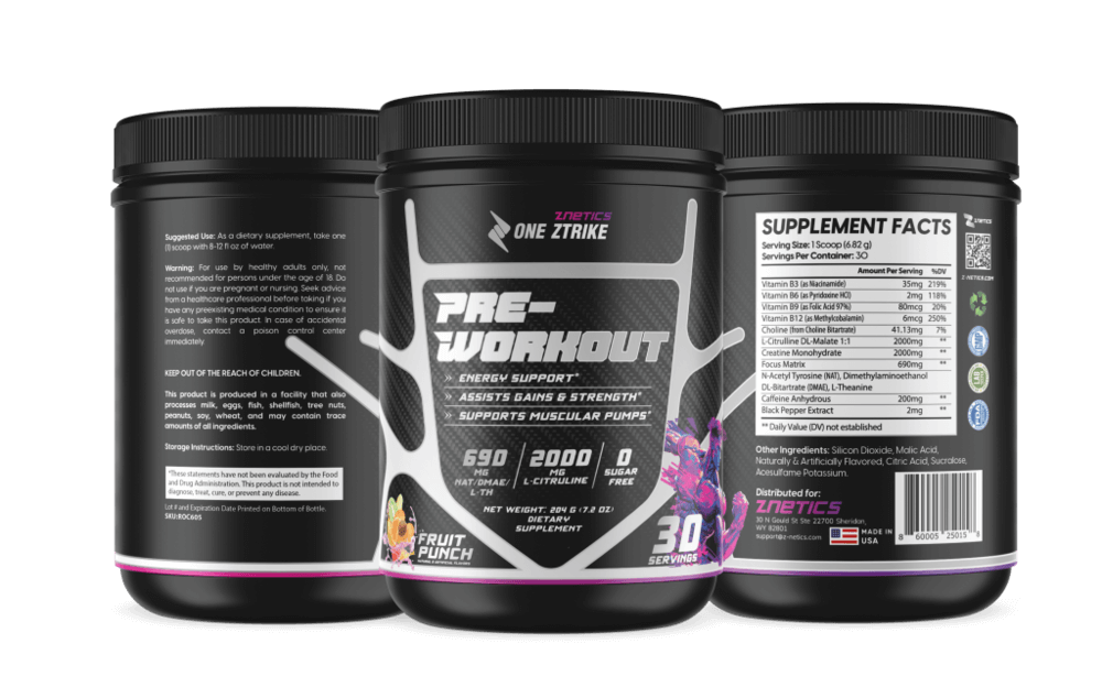 Pre-workout supplement tubs, three black tubs with front and back labels and pink accents