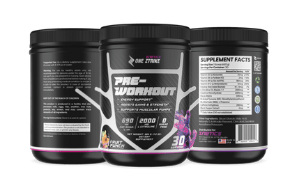 Pre-workout supplement tubs, three black tubs with front and back labels and pink accents