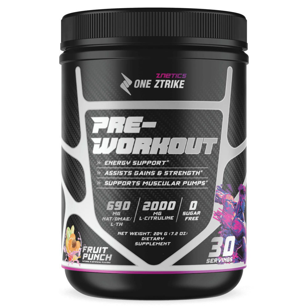 Pre-workout supplement tub, black with fruit punch graphic and ONE ZTRIKE label