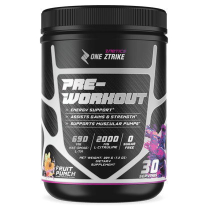 Pre-workout supplement tub, black with fruit punch graphic and ONE ZTRIKE label