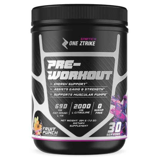 Pre-workout supplement tub, black with fruit punch graphic and ONE ZTRIKE label