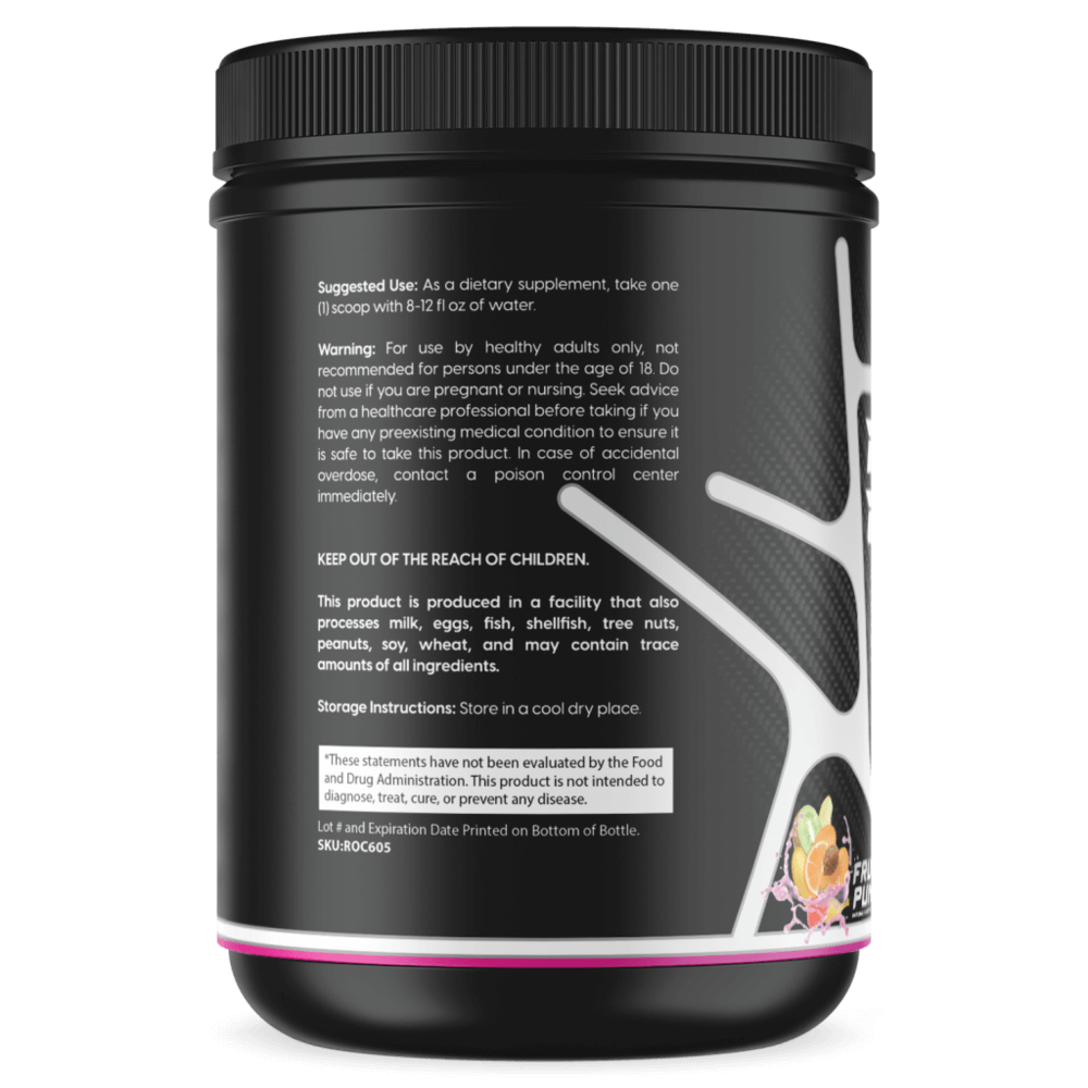 Pre-workout supplement tub back label, black with detailed supplement and usage text