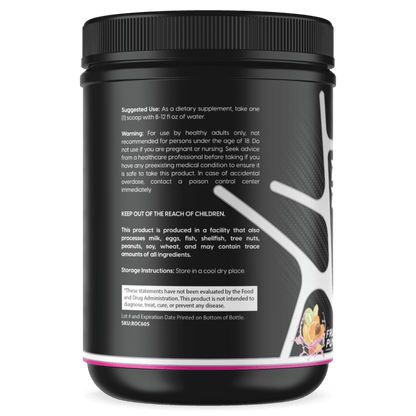 Pre-workout supplement tub back label, black with detailed supplement and usage text