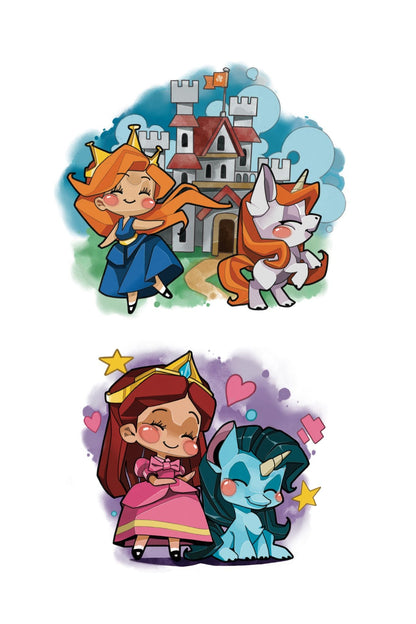 Kids temporary tattoo sleeve set with unicorn and castle princess designs