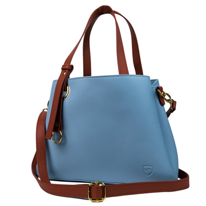 SYB blue tote purse with brown handles, gold rings, and front logo