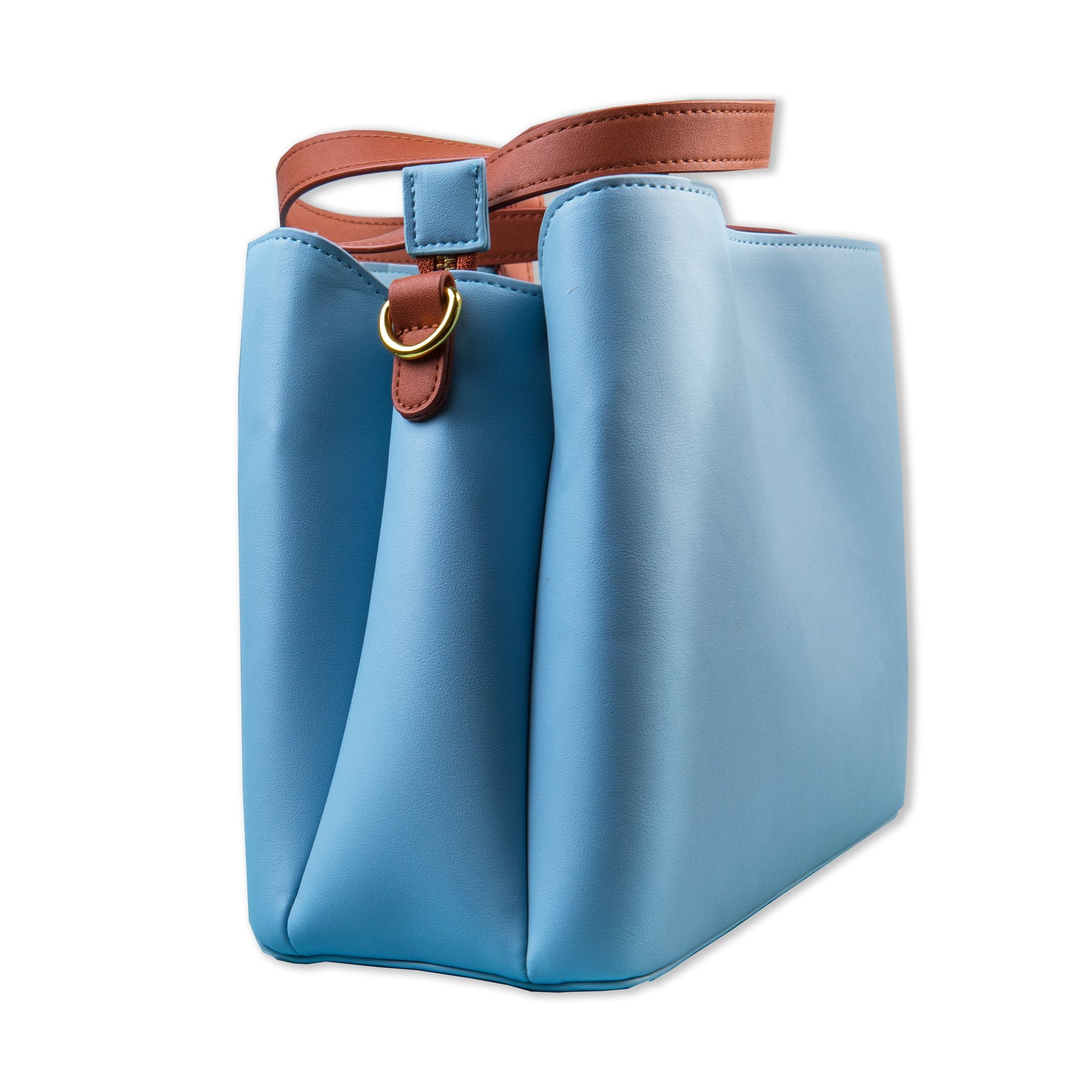 SYB blue purse with brown top handle straps and gold ring hardware
