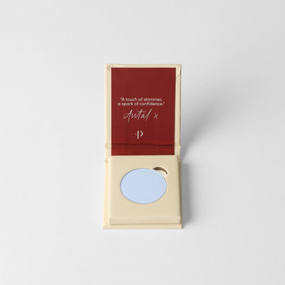 Pressed eyeshadow in box, light blue shimmer pan