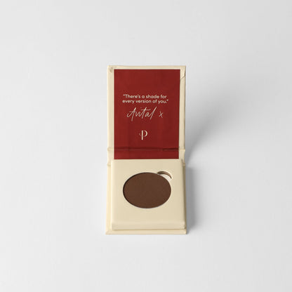 Matte pressed eyeshadow pan in box, dark brown shade