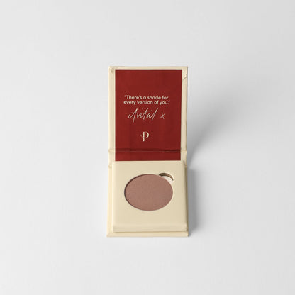 Matte pressed eyeshadow in compact with dark taupe pan
