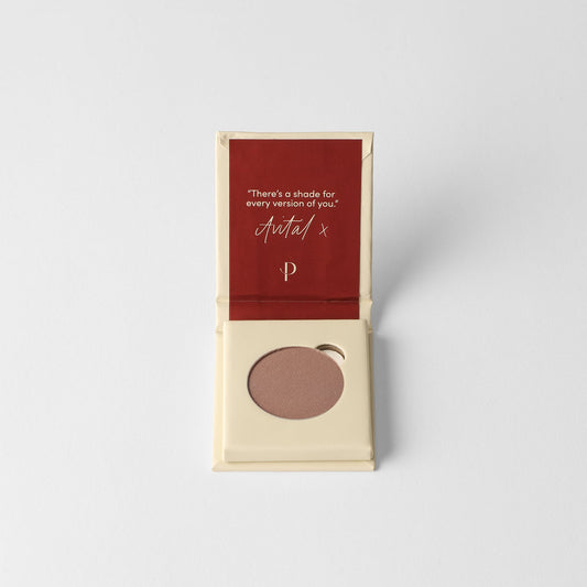 Matte pressed eyeshadow in compact with dark taupe pan