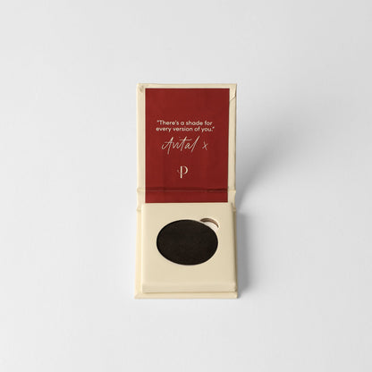 Matte pressed eyeshadow in cardboard box, round deep black pan