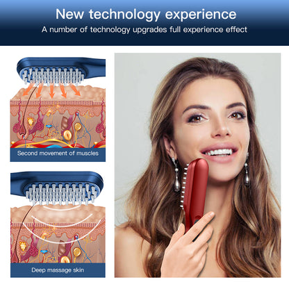 Hair growth comb, red handheld brush shown near hair with bristle side