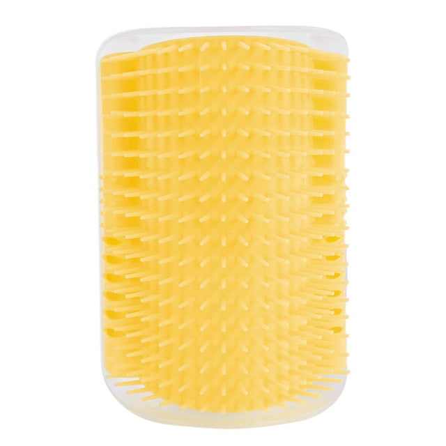 Cat self-groomer corner brush with yellow bristles and white base