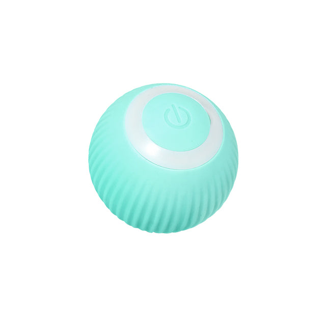 Mint teal rechargeable cat ball toy with power button on top