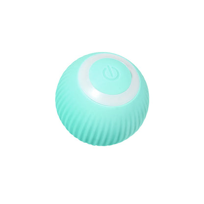 Mint teal rechargeable cat ball toy with power button on top