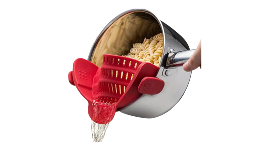 Silicone pot strainer with red perforated silicone insert and side handle