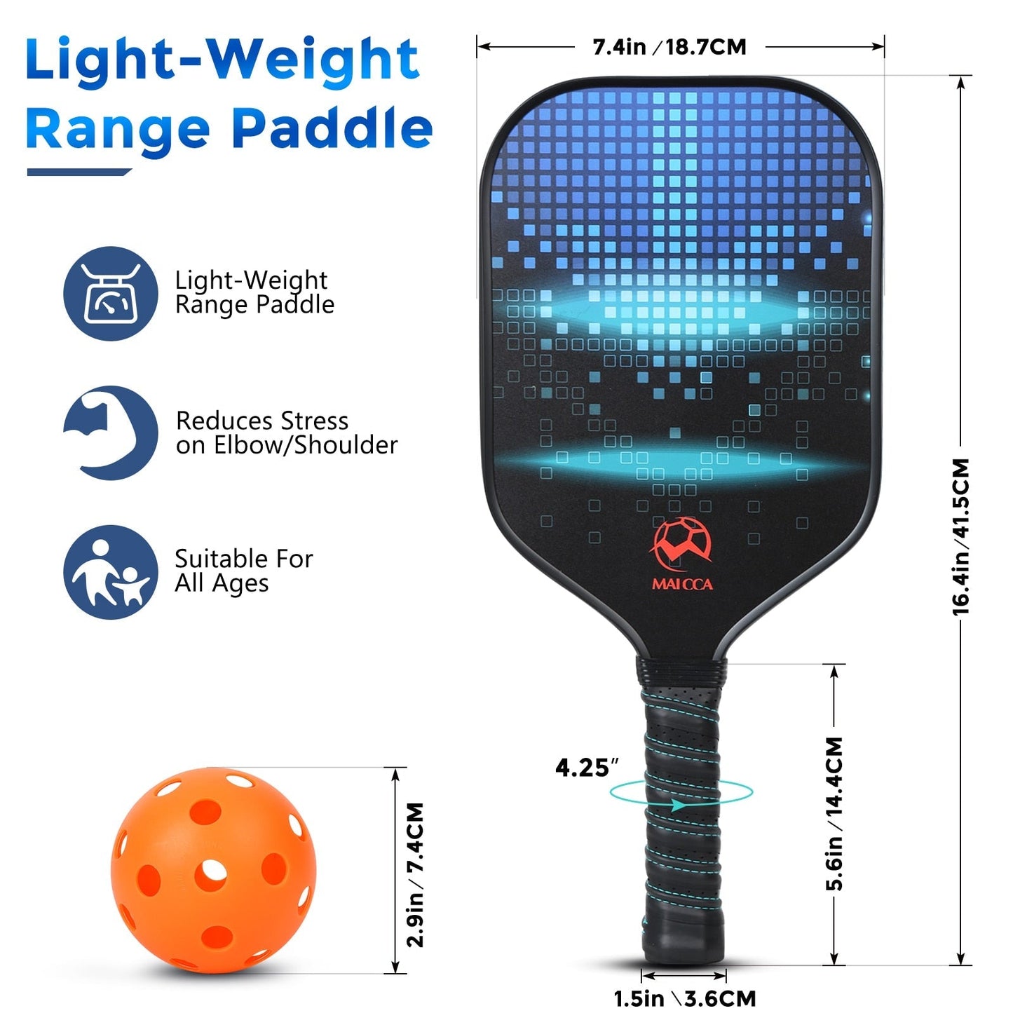 Pickleball paddle set with blue grid paddle and orange pickleball