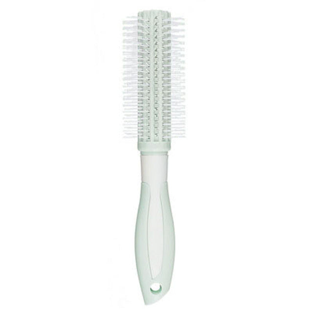Hair detangling brush with pale mint handle and translucent white bristles