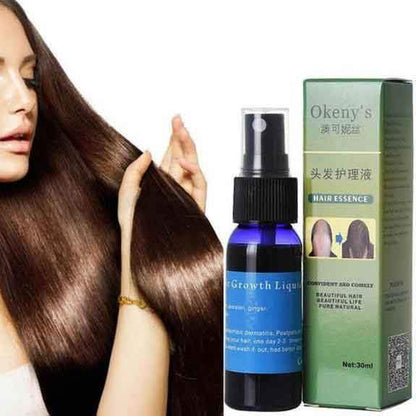 Hair growth essence bottle and green box with brown hair strand close-up