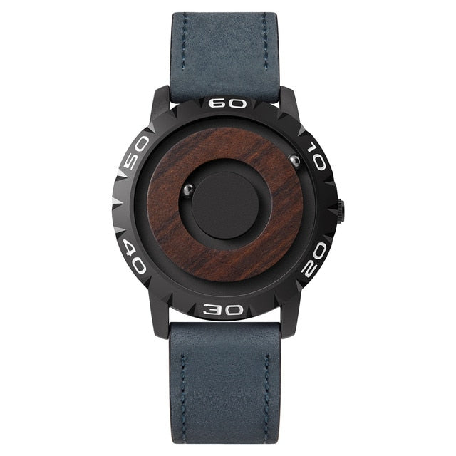 Men’s magnetic pointer watch with dark gray strap and wood-look dial center