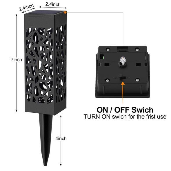 Black solar garden light with cutout sides and ON/OFF switch panel