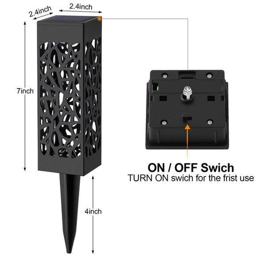 Black solar garden light with cutout sides and ON/OFF switch panel