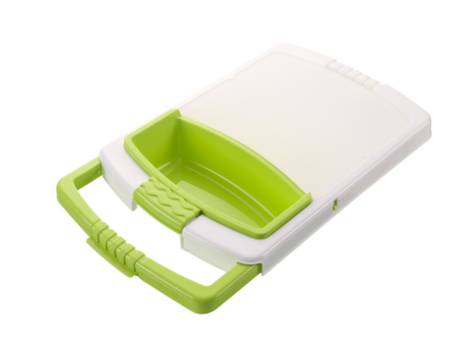 Plastic chopping board set with white lid and green draining tray insert