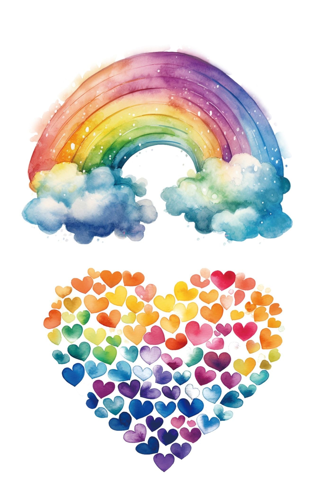 Temporary tattoo sleeve with rainbow over blue clouds and sparkles