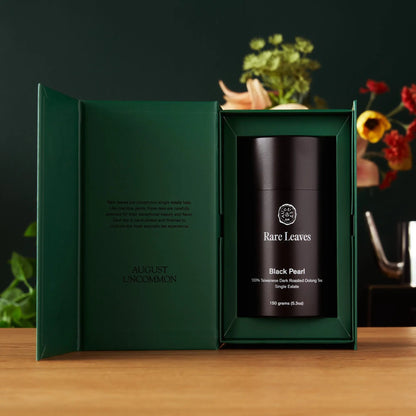 Black Pearl oolong tea box with inner tin, open green packaging