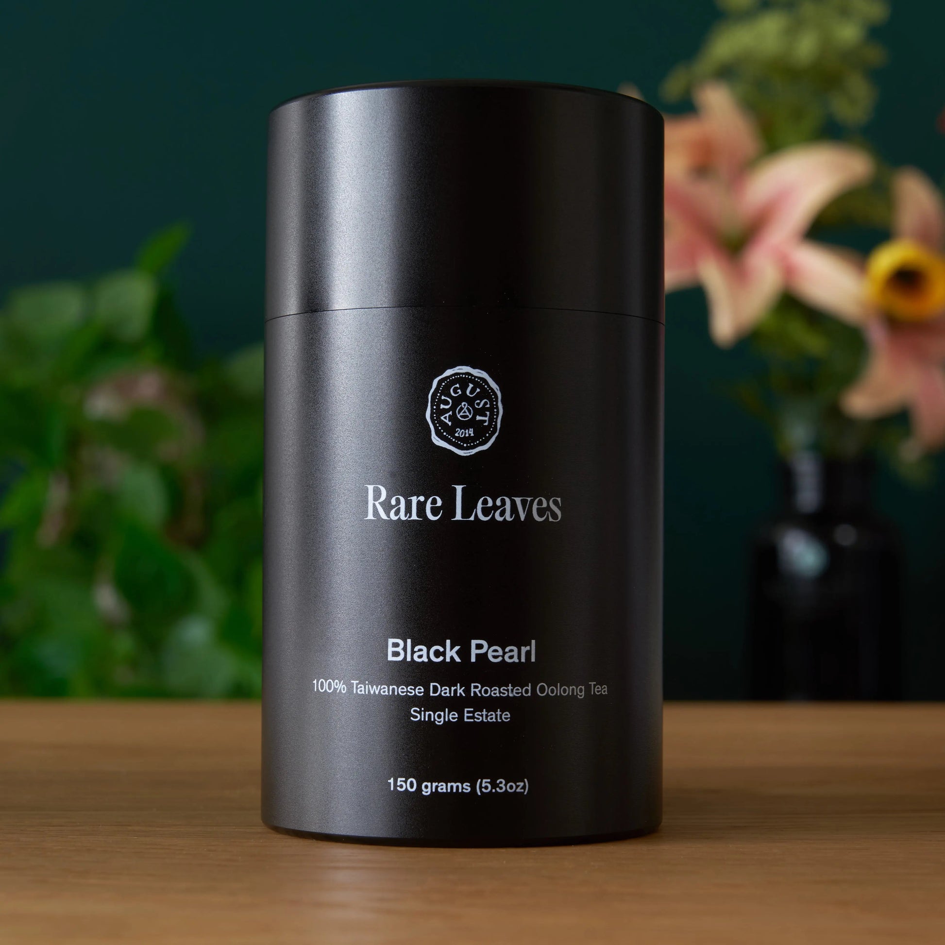 Black Pearl Taiwanese oolong tea tin, matte dark gunmetal with Rare Leaves label