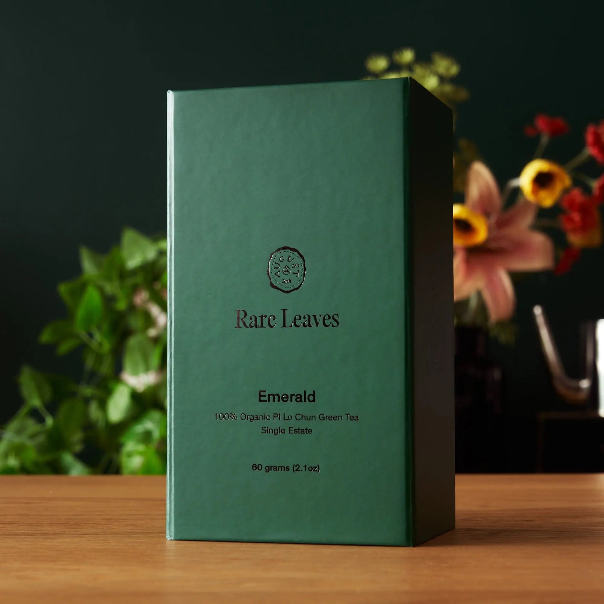 Rare Leaves Emerald green tea tin, green cardboard box with front product label