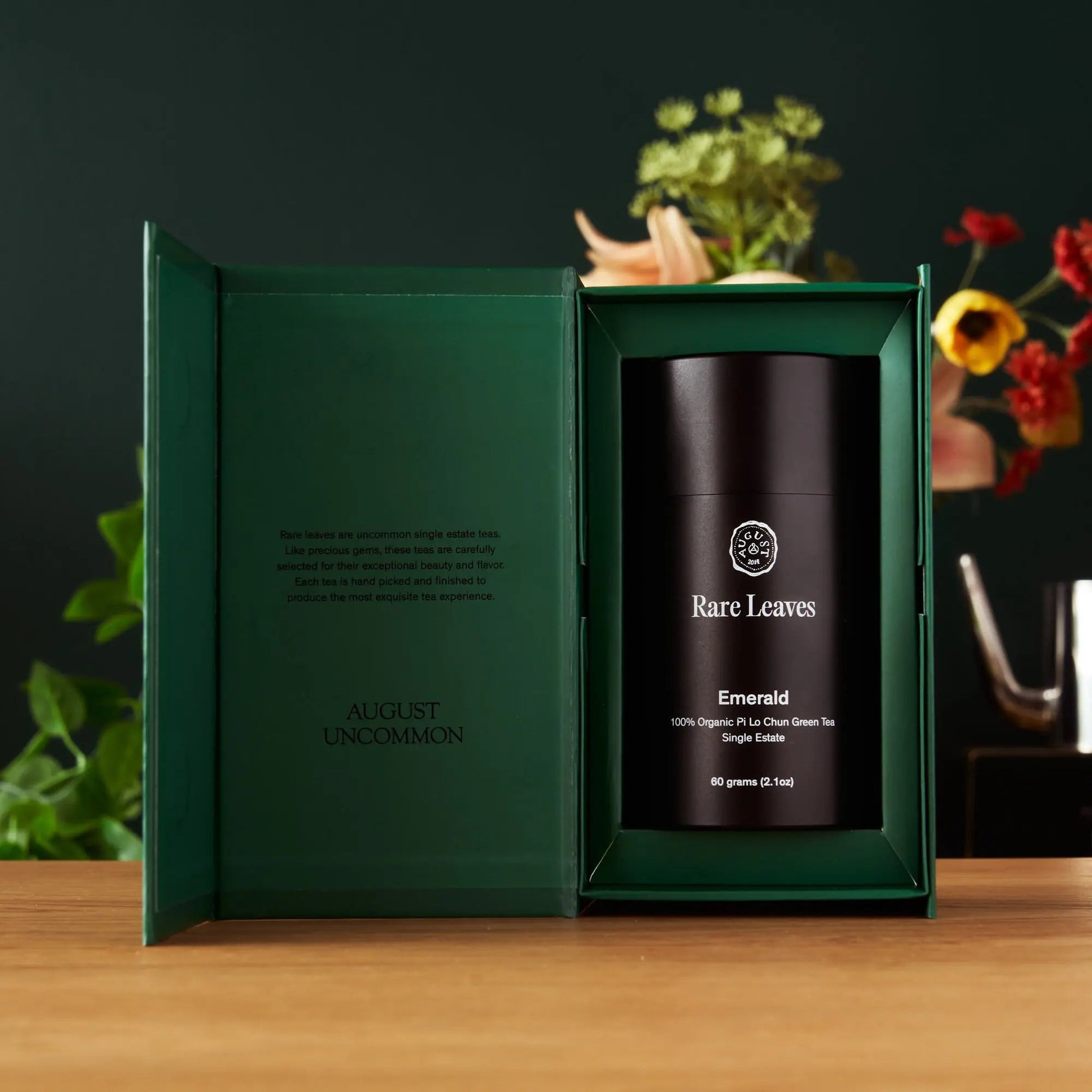 Rare Leaves Emerald green tea tin inside open green gift box