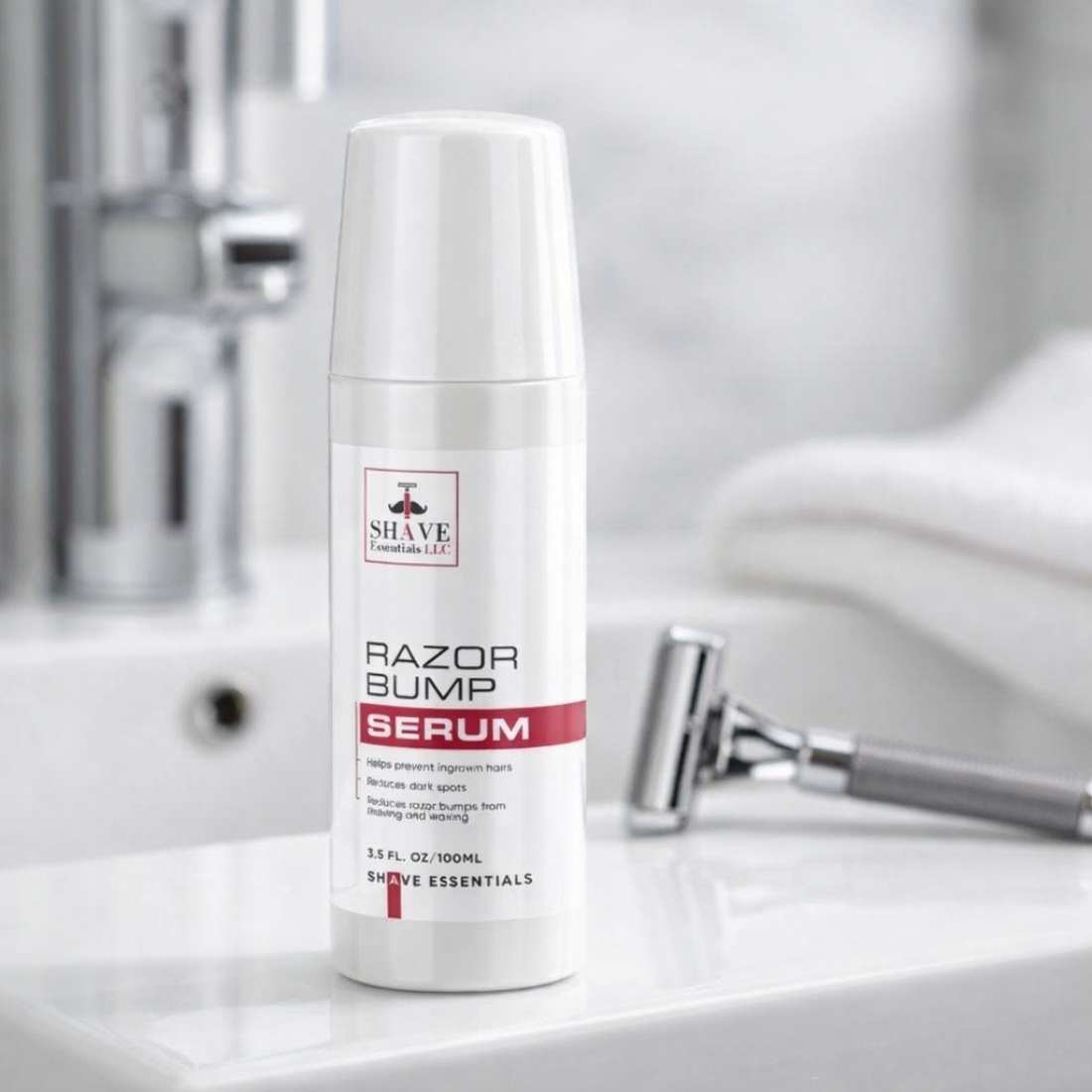 Razor Bump Serum pump bottle on counter, white with red text label