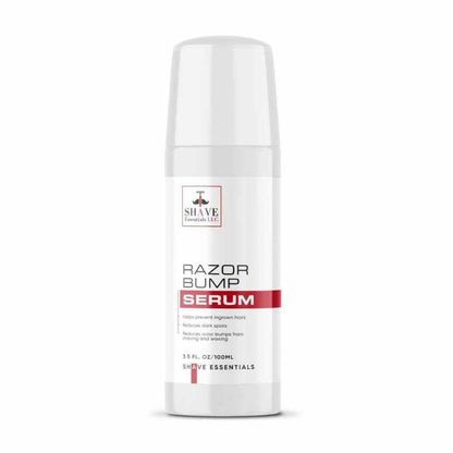 Razor Bump Serum pump bottle, white with label and red stripe