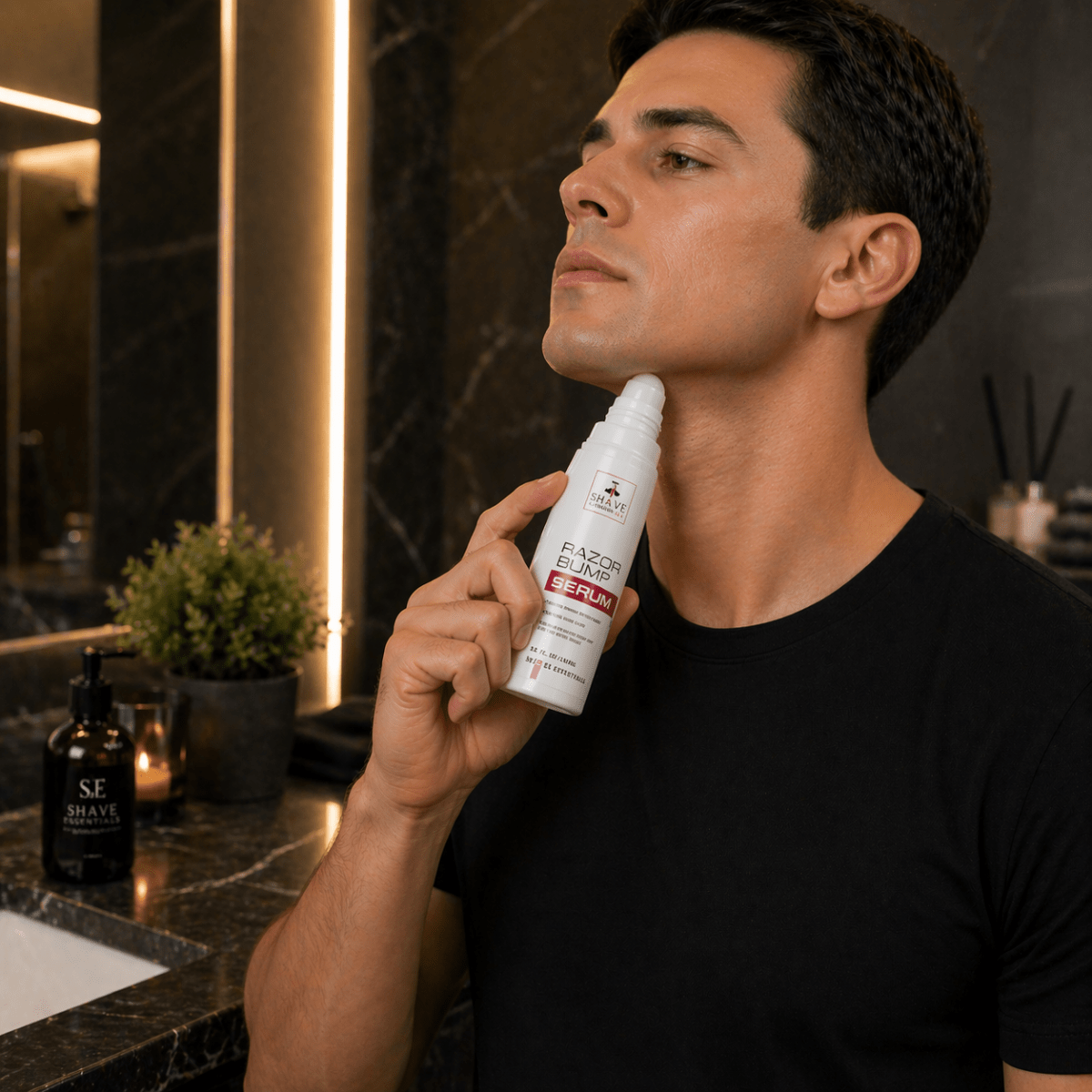 Razor Bump Serum bottle with white pump held near face, white and red label